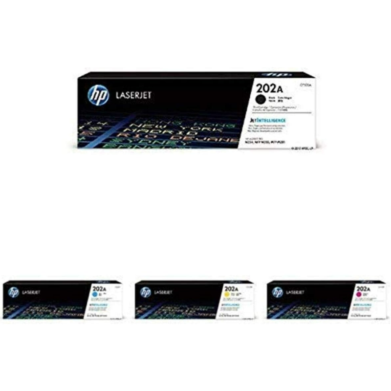 HP 202A | CF500A, CF501A, CF502A, CF503A | Toner Cartridge Bundle | Works with HP LaserJet Pro M254, M281cdw, M281dw | Black, Cyan, Magenta, Yellow